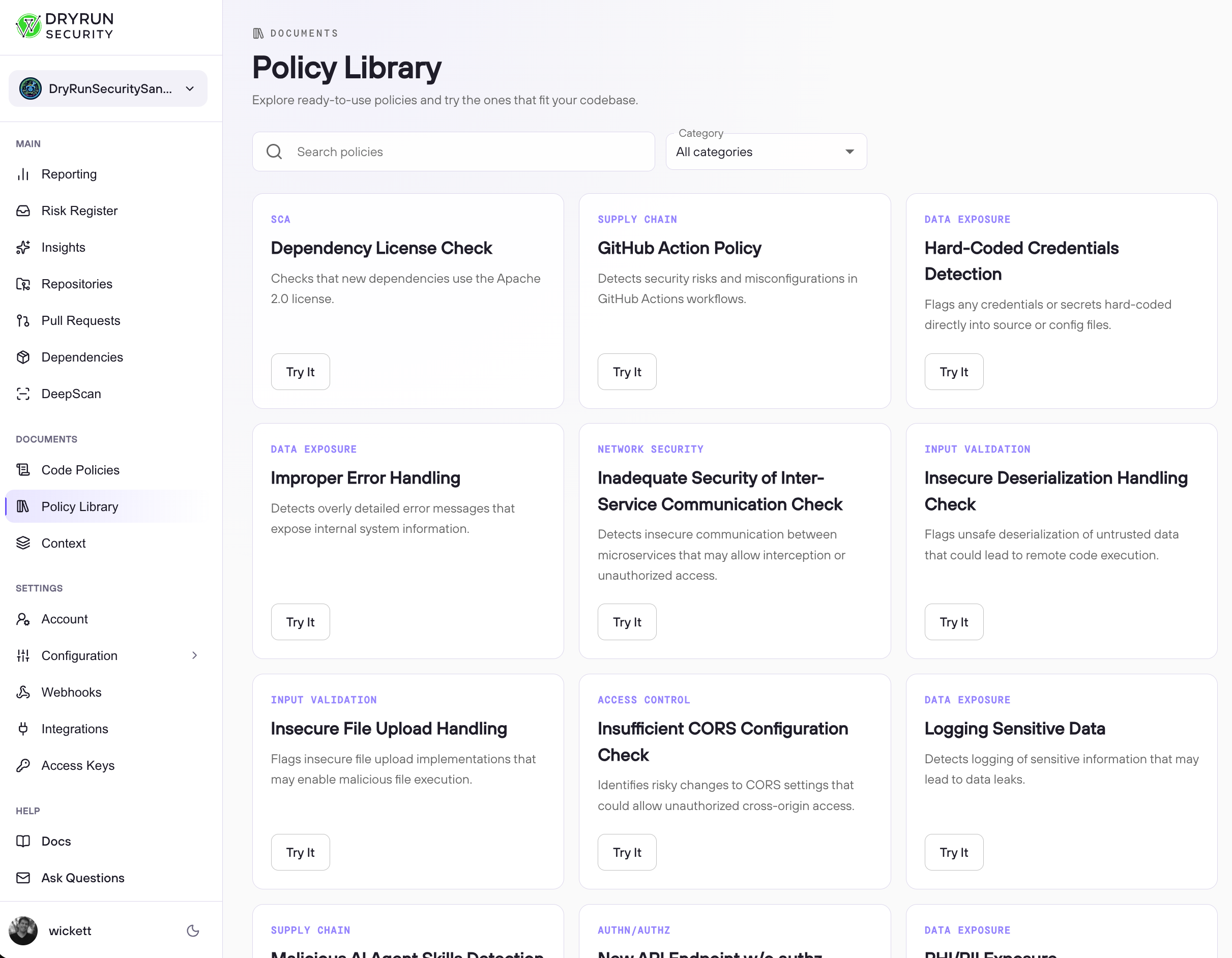 DryRun Security Policy Library with ready-to-use checks for credentials, dependencies, input validation, and access controls.