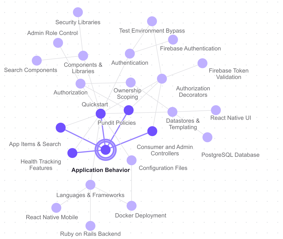 DryRun Security context graph with application behavior selected and its connected nodes highlighted.