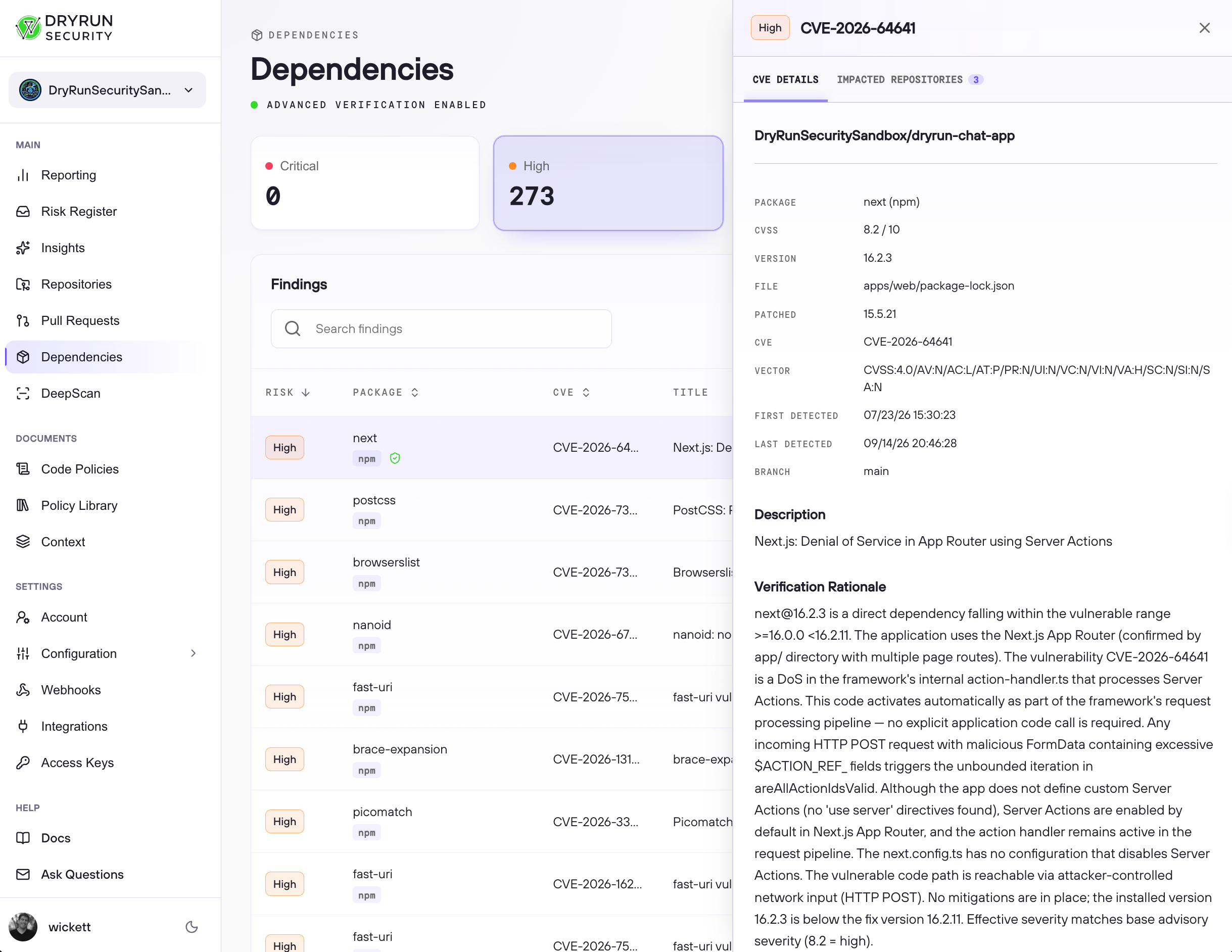 DryRun Security dependency finding with a green verification shield, package details, and a verification rationale.